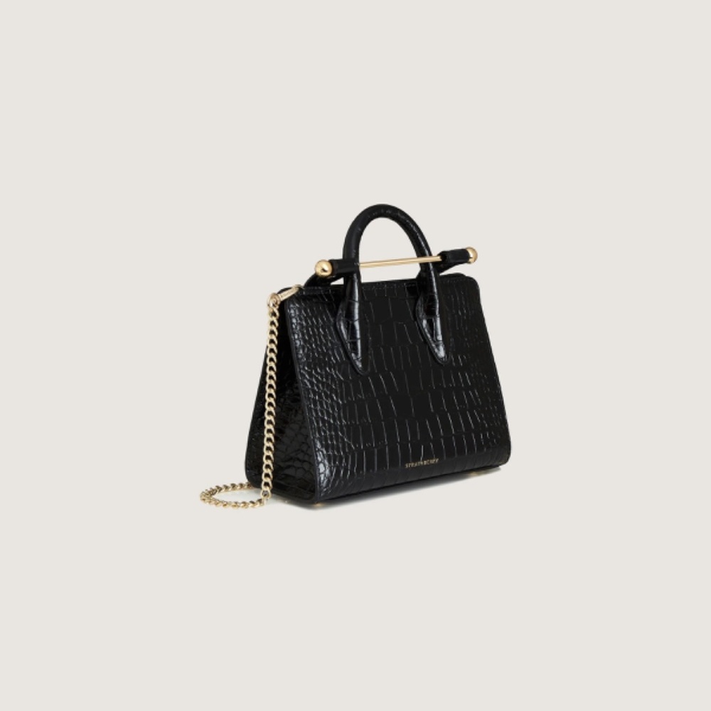 Strathberry Nano Black Croc-Embossed Leather Handbag With Gold Chain Strap